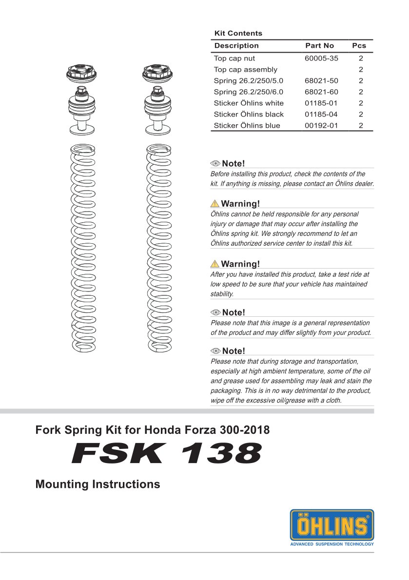 สปริงโช้คหน้า Ohlins FSK138 For Honda Forza300 2018-2020