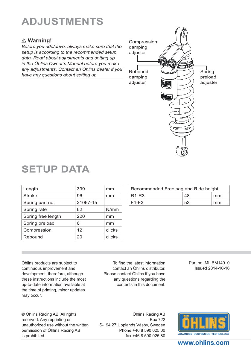 โช๊คหลังแต่ง Ohlins BM149 For BMW R 1250 GSA ปี 2019-2023