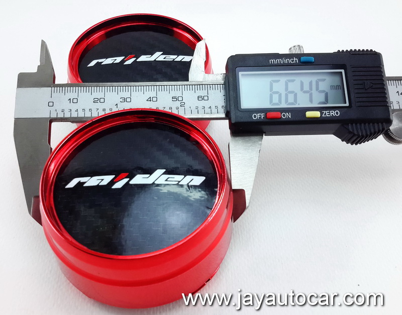 ฝาล้อรถยนต์ สำหรับ ล้อแม็ก สติ๊กเกอร์ดำ RAIDEN สีแดง ขนาด 64 มิล 1ชุด 4ชิ้น โด่ดเด่นมากครับ 64mm.