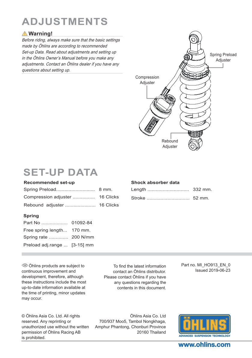 โช๊คหลังแต่ง Ohlins HO913 For Honda CBR650R ปี 2019-2023