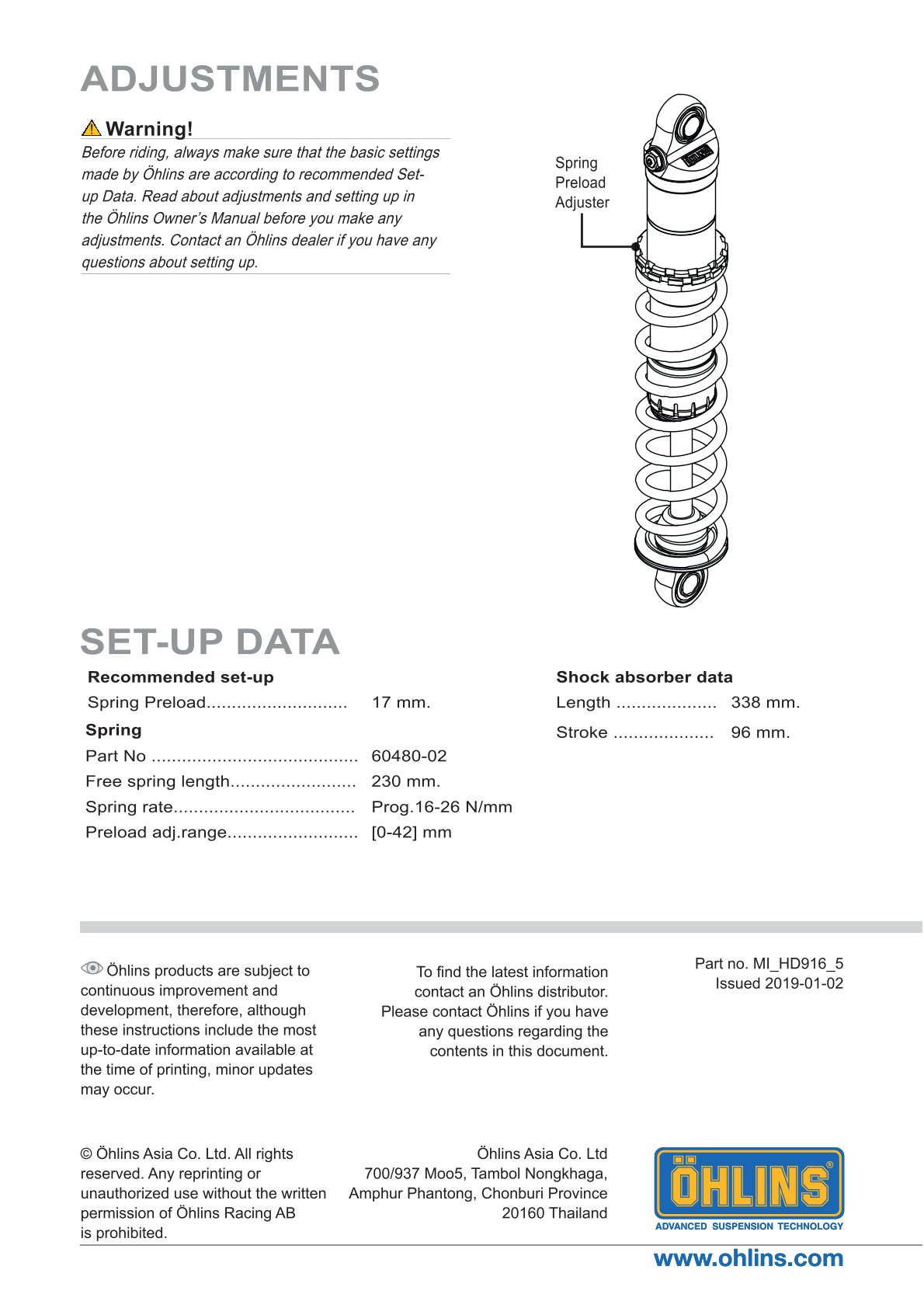 โช๊คหลังแต่ง Ohlins HD916 For Harley-Davidson XL Sportster ปี 2004-2022