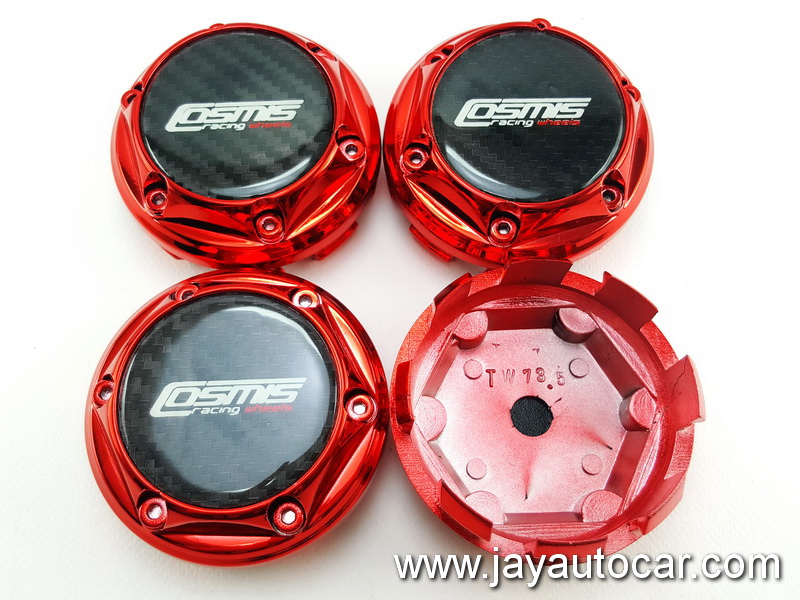 ฝาล้อรถยนต์ แม็กแต่ง ขนาด 73.5 มิล สำหรับ ล้อแม็ก โลโก้ COSMIS RACING WHEELS สีแดง 1ชุด 4ชิ้น 73.5mm.