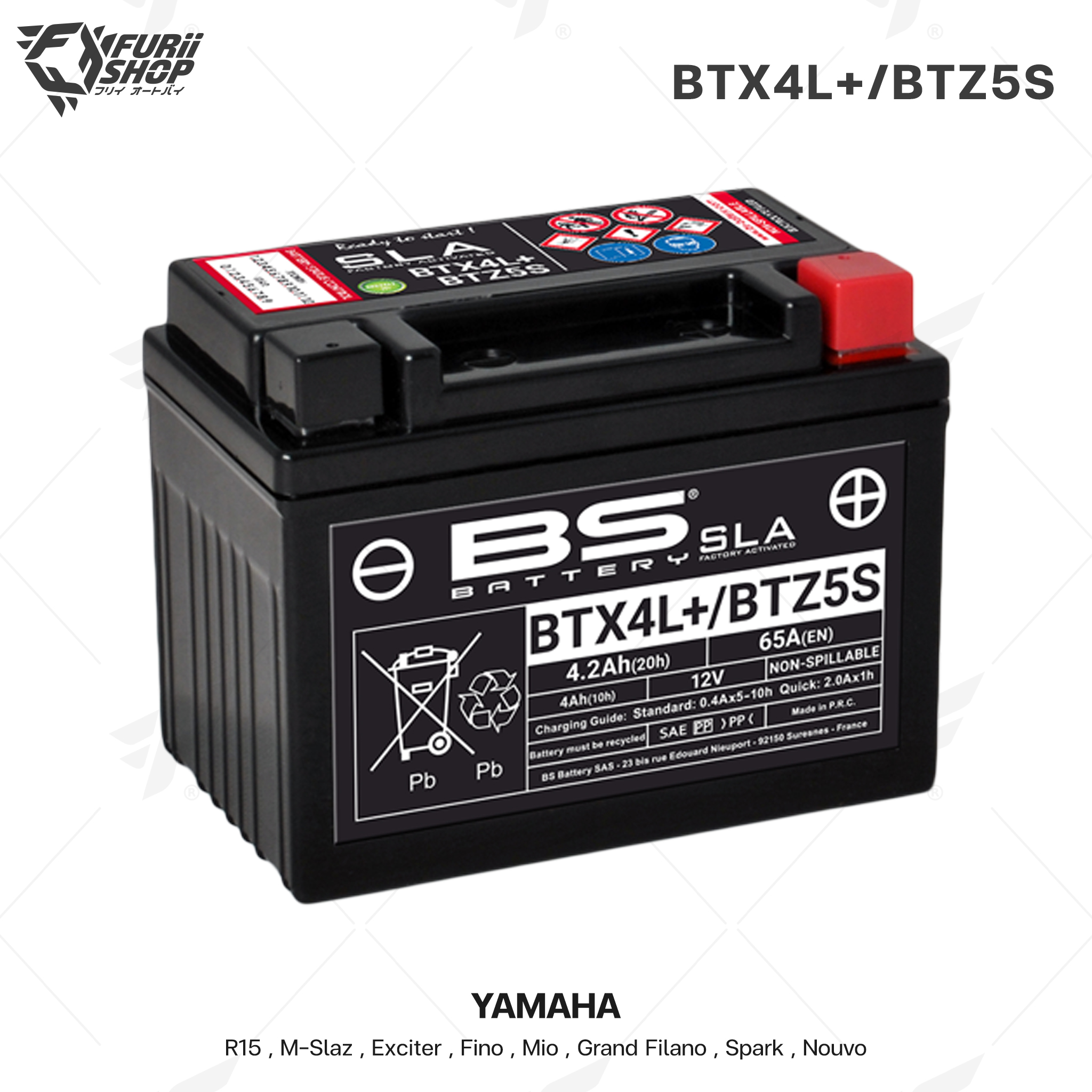 BS Battery รุ่น BTX4L+/BTZ5S (FA) SLA FOR YAMAHA R15 , M-Slaz , Exciter , Fino , Mio , Grand Filano , Spark , Nouvo