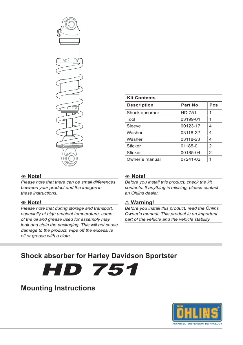 โช๊คหลังแต่ง Ohlins HD751 For Harley-Davidson XL Sportster ปี 2004-2022