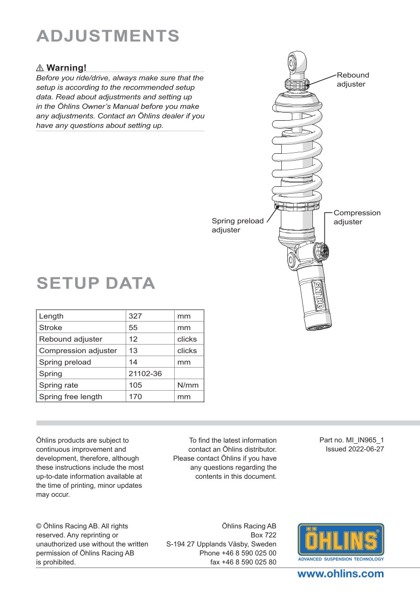 โช๊คหลังแต่ง Ohlins IN965 For Indian FTR 1200 S ปี 2021-2023