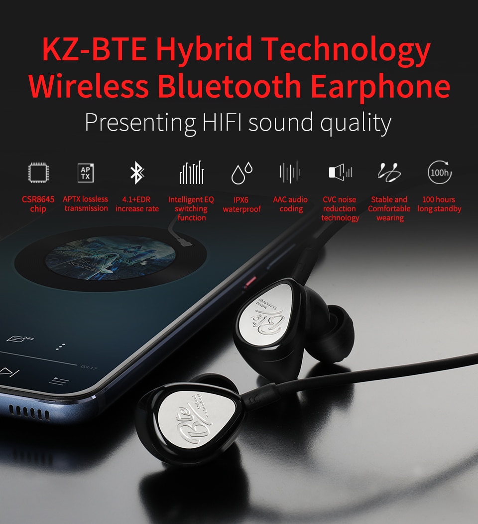 ขาย KZ BTE หูฟัง 2 ไดร์เวอร์ (1DD+1BA) ชิป Qualcomm CSR8645 รองรับ บลูทูธ 4.1 APTX , กันน้ำได้