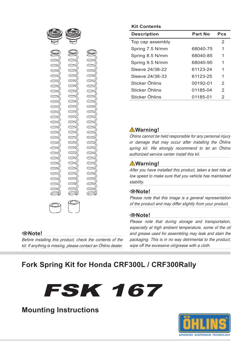 สปริงโช้คหน้า Ohlins FSK167 For Honda CRF 300L (Asia/EU/US) 2020-2023