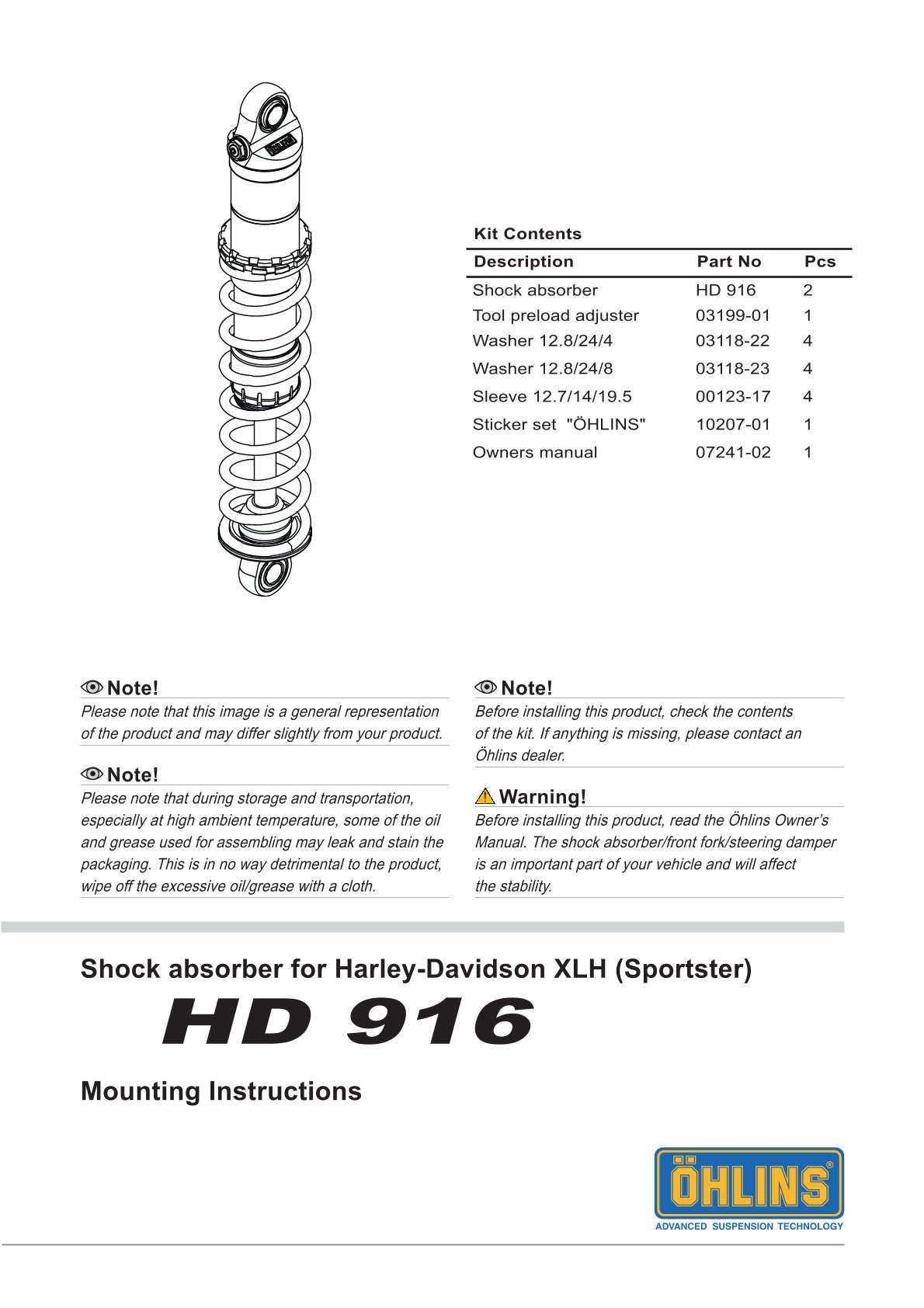 โช๊คหลังแต่ง Ohlins HD916 For Harley-Davidson XL Sportster ปี 2004-2022