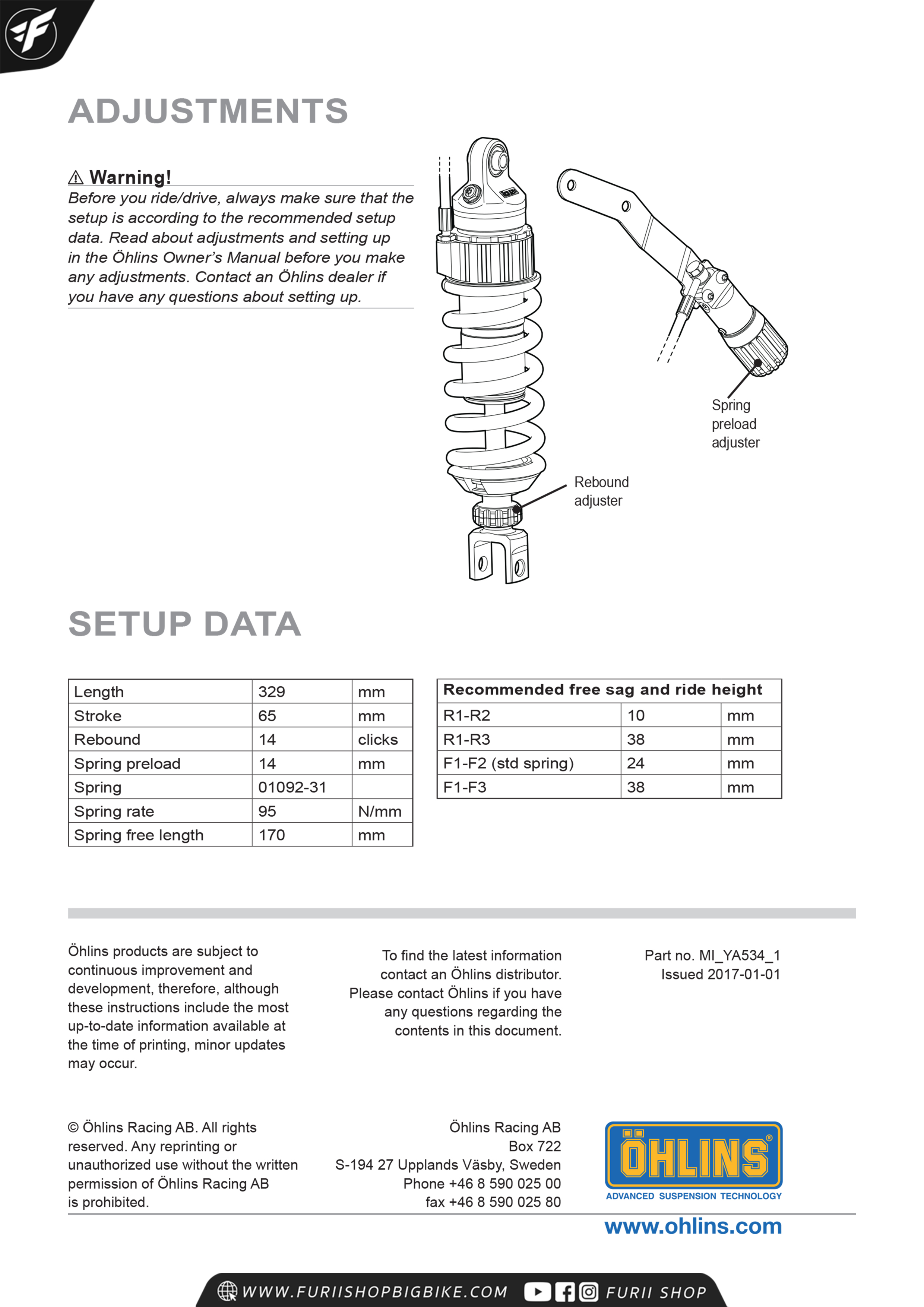 โช๊คหลัง OHLINS Sweden YA534 Yamaha MT-09, XSR900, Tracer900 มาพร้อมรีโมทปรับรีบาวน์