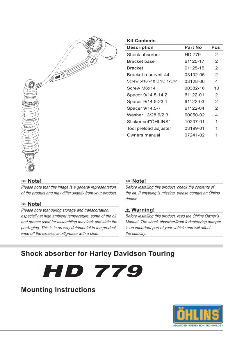 โช๊คหลังแต่ง Ohlins HD779 For Harley-Davidson FL Touring (Road King, Street Glide, Electra Glide etc) 13" ปี 2014-2024