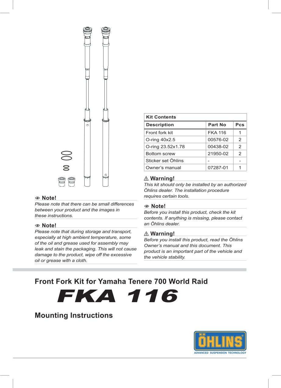สปริงโช้คหน้า Ohlins FKA116 For Yamaha Ténéré 700 Extreme 2023-2024