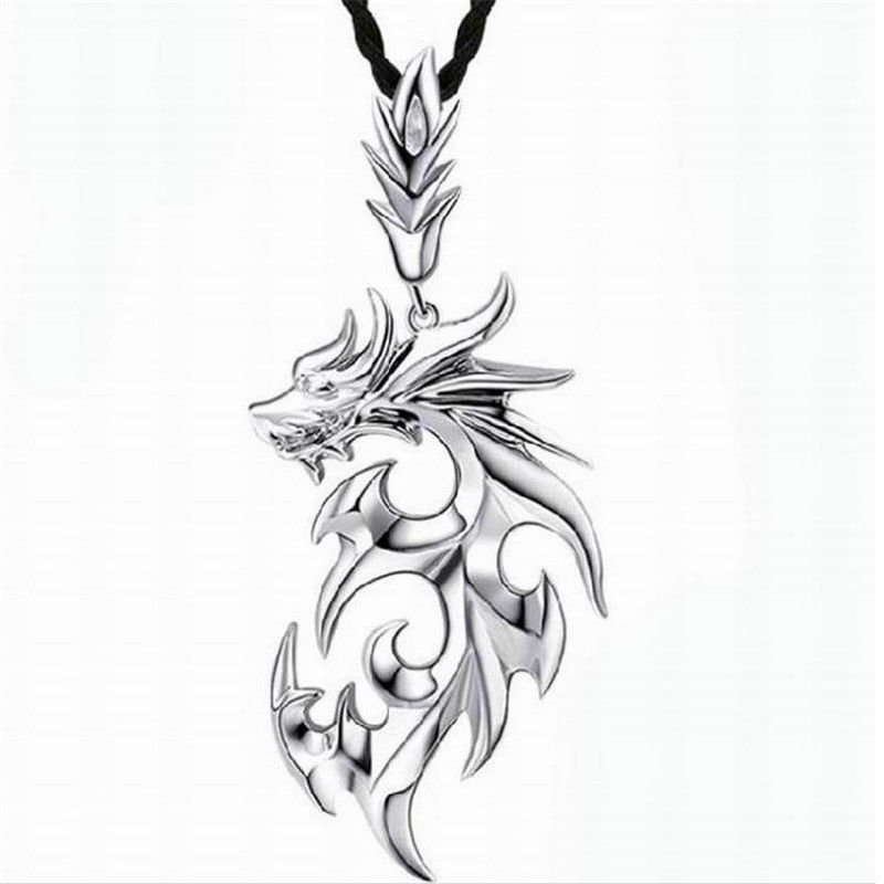 สร้อยคอผู้ชาย จี้มังกร สีเงิน อัลลอย เท่ห์สุด Fashion Men's Silver Dragon Pendant Leather Chain Necklace N031