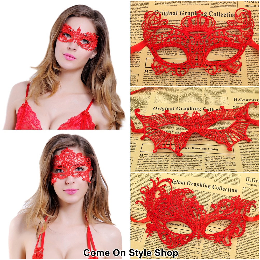 หน้ากากแฟนซี ลายลูกไม้ สีแดง ผ้าหนา คุณภาพดี หน้ากากแฟนซี ปาร์ตี้ การแสดง Woman Red Lace Venetian Eye Fancy Masquerade Ball Prom Party Mask Good Quality (สีแดง red) M057RD