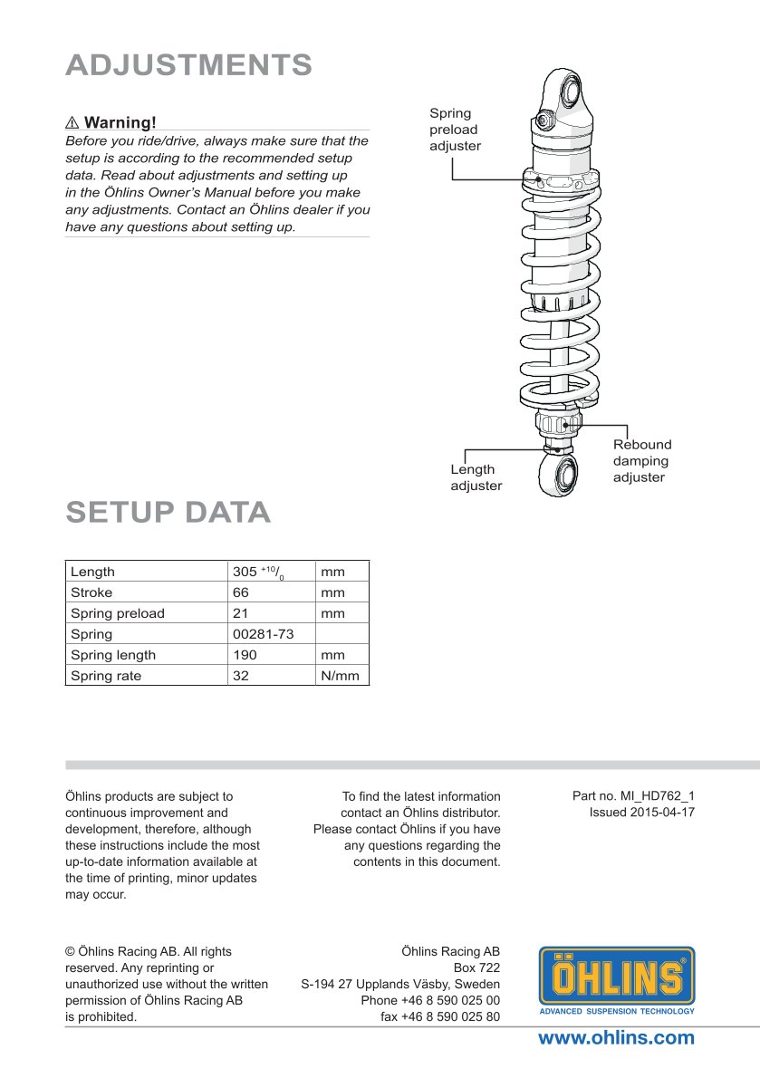 โช๊คหลังแต่ง Ohlins HD762 For Harley-Davidson Dyna FXD ปี 1991-2017