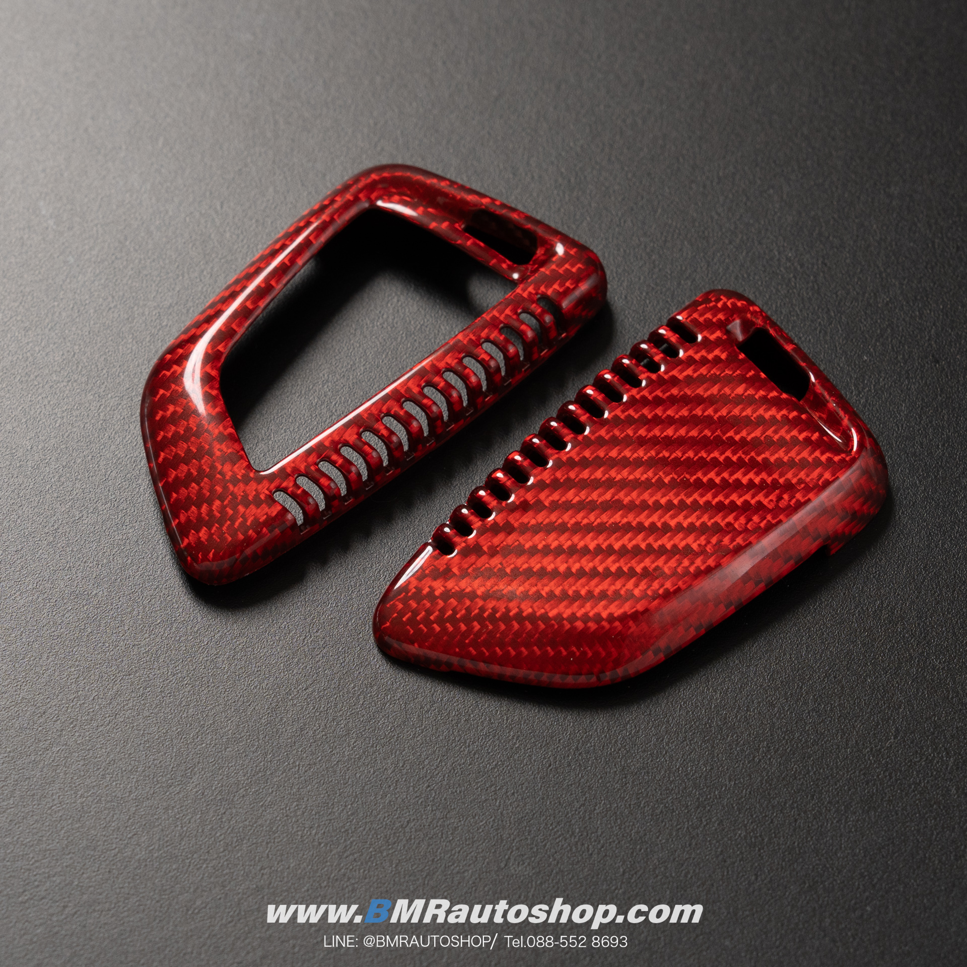 เคสกุญแจ BMW **คาร์บอนไฟเบอร์แท้สีแดง** (Carbon fiber) ทรงใบไม้ (รุ่นAC137)