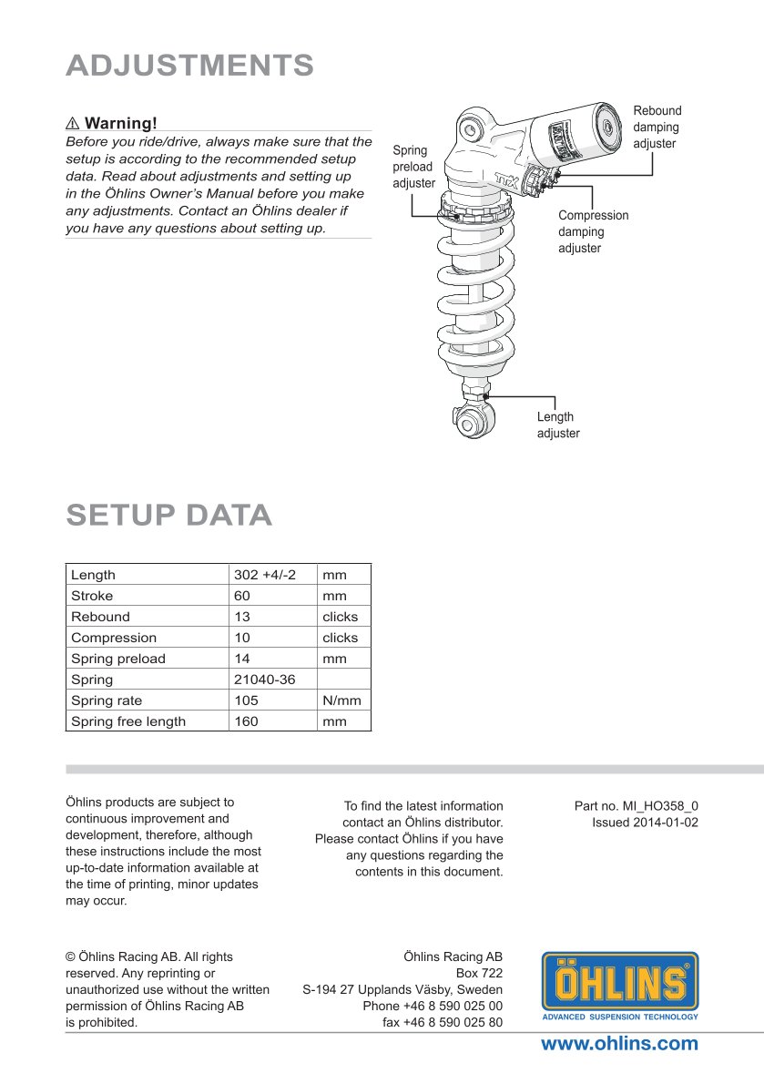 โช๊คหลังแต่ง Ohlins HO890 For Honda NSR Mini