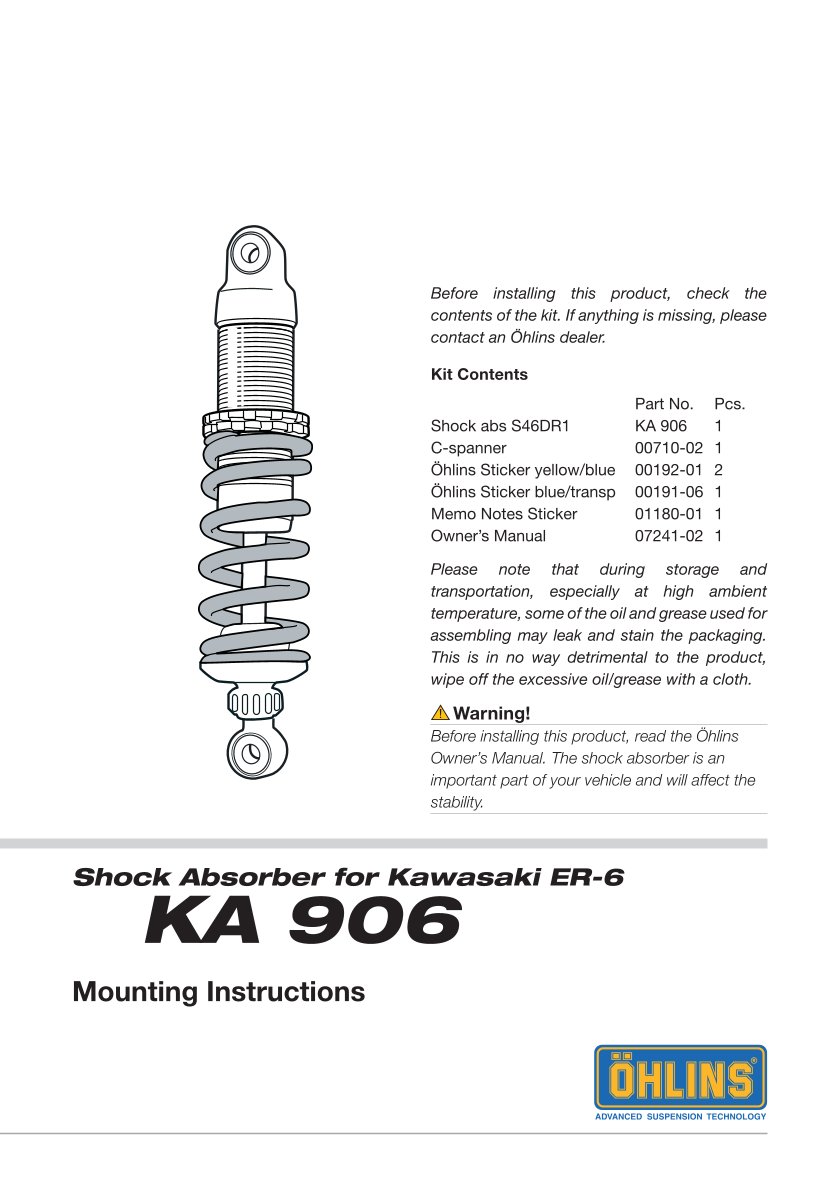 โช๊คหลัง OHLINS Sweden KA906 For Kawasaki Er-6n 2009-2014