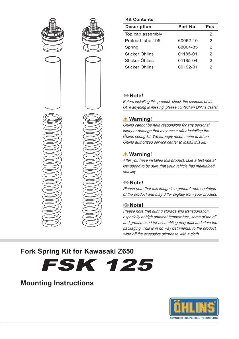สปริงโช้คหน้า Ohlins FSK125 For Kawasaki Z650 2017-2019
