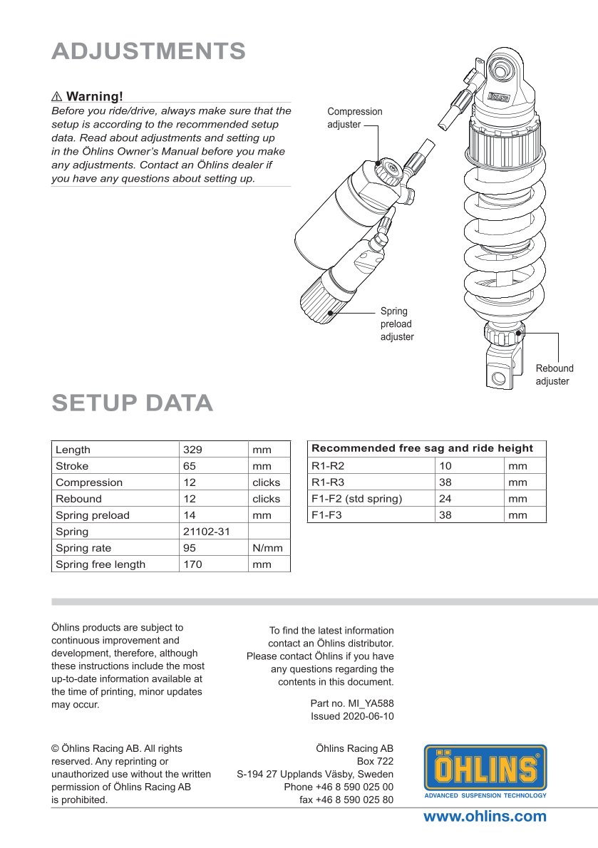 โช๊คหลังแต่ง Ohlins YA588 For Yamaha XSR 900 ปี 2016-2021