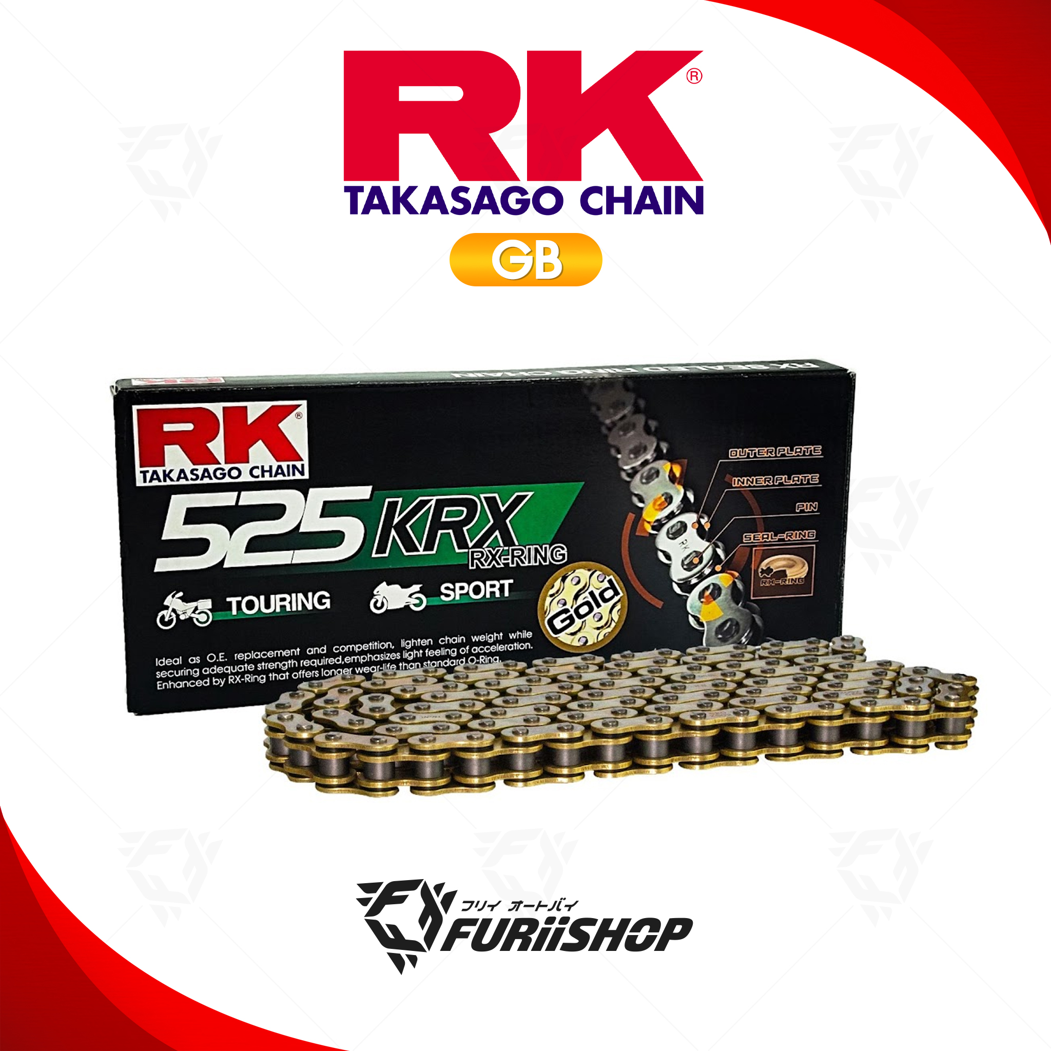 โซ่ RK แท้ 525KRX RX-Ring Chain GB525KRX-120L (สี Full Gold) สำหรับรถมอเตอร์ไซค์ 250-900cc