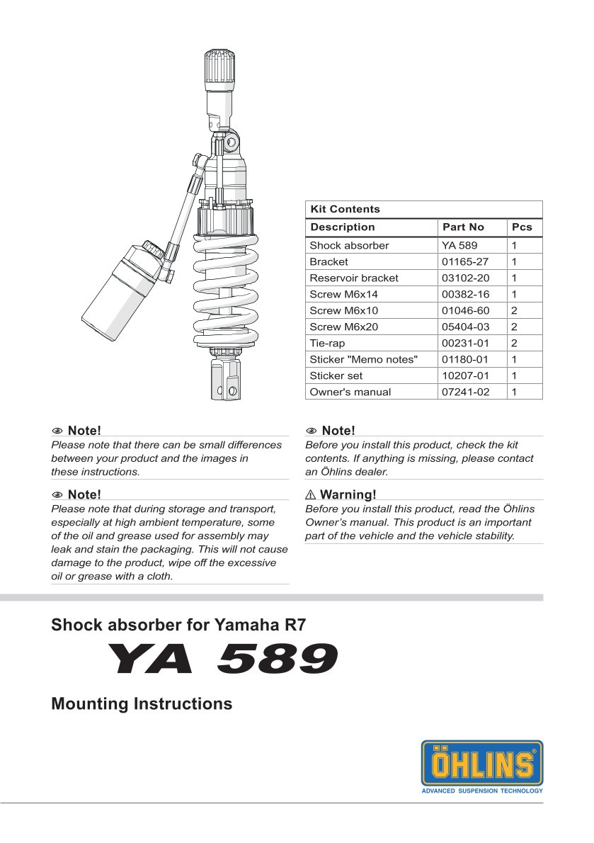 โช๊คหลังแต่ง Ohlins YA589 For Yamaha YZF R7 ปี 2021-2024