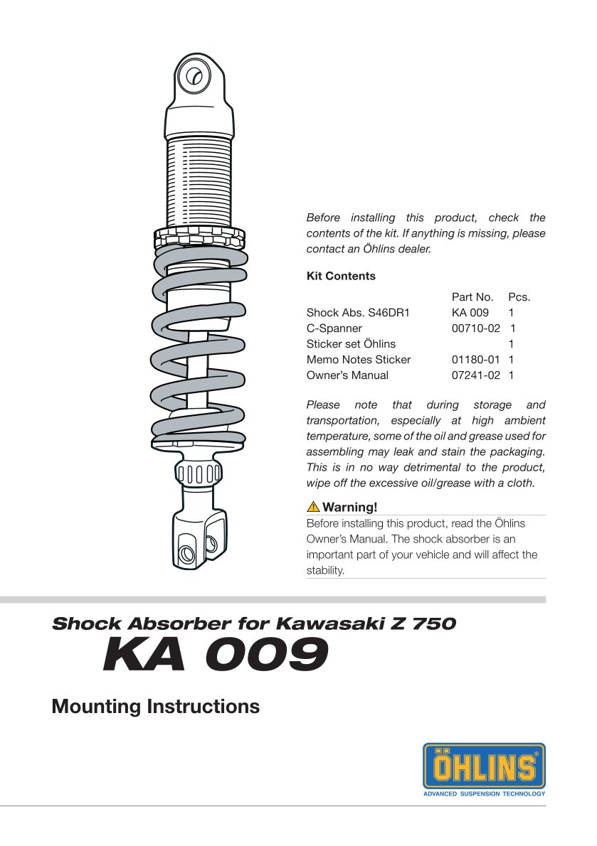 โช๊คหลังแต่ง Ohlins KA009 For Kawasaki Z 750 ปี 2007-2008