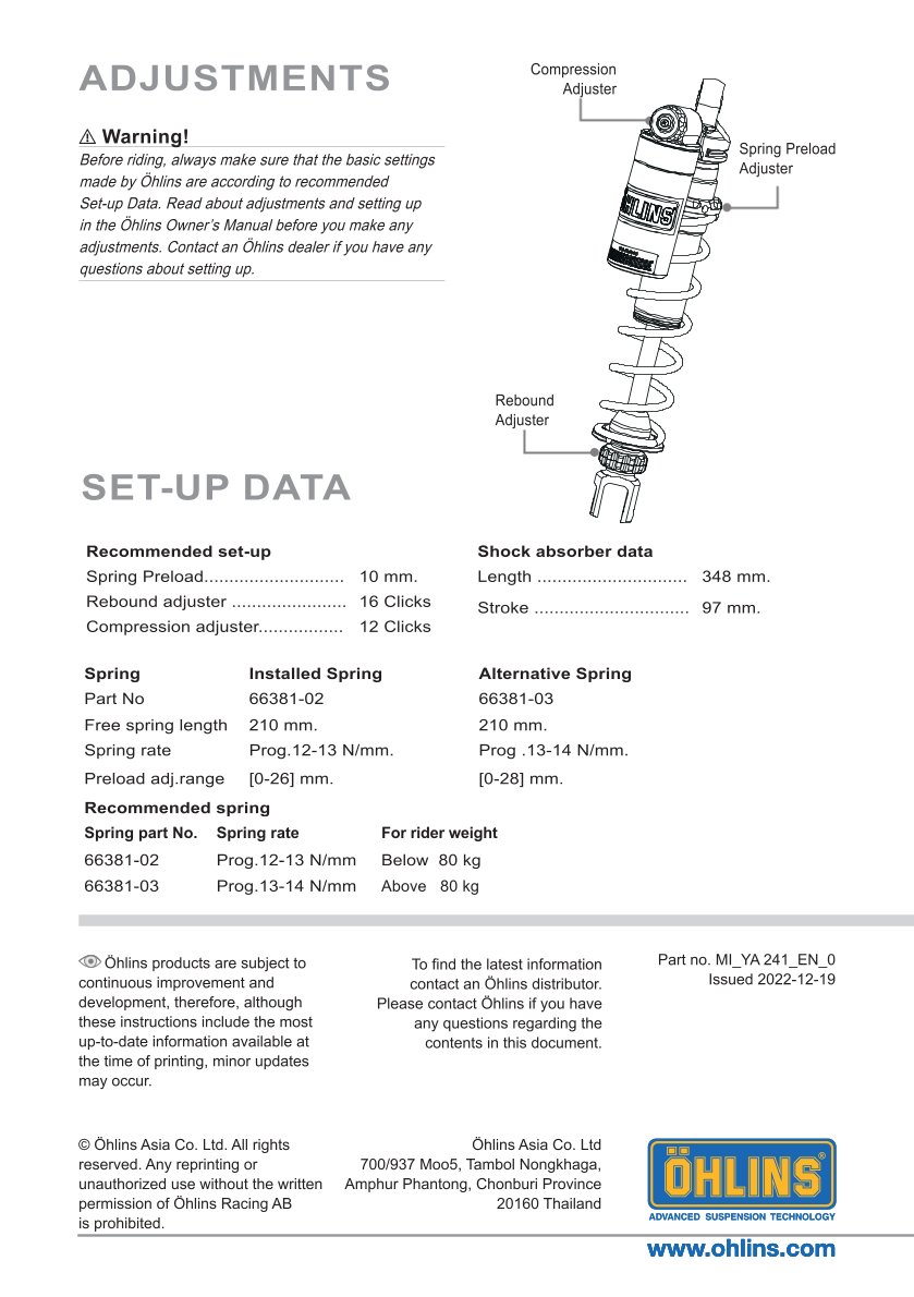 โช๊คหลังแต่ง Ohlins YA241 For Yamaha X-Max 250/300 ปี 2017-2024