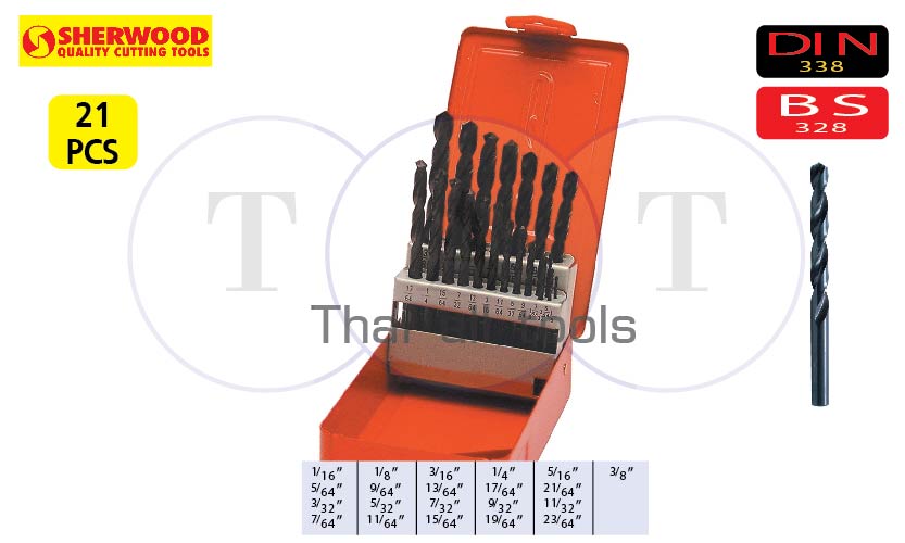 ชุดดอกสว่านเจาะเหล็ก (inch) SET OF 21 HSS DRILLS 1/16-3/8" x 1/64" SHERWOOD