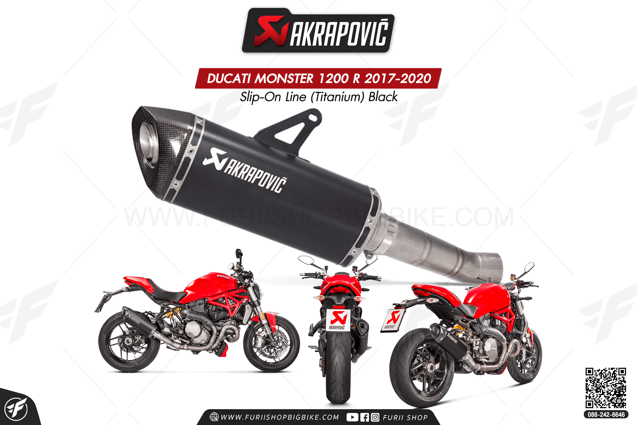 ท่อแต่ง Akrapovic Exhaust Slip-On Line (Titanium) Black DUCATI MONSTER 1200 R 2017-2020