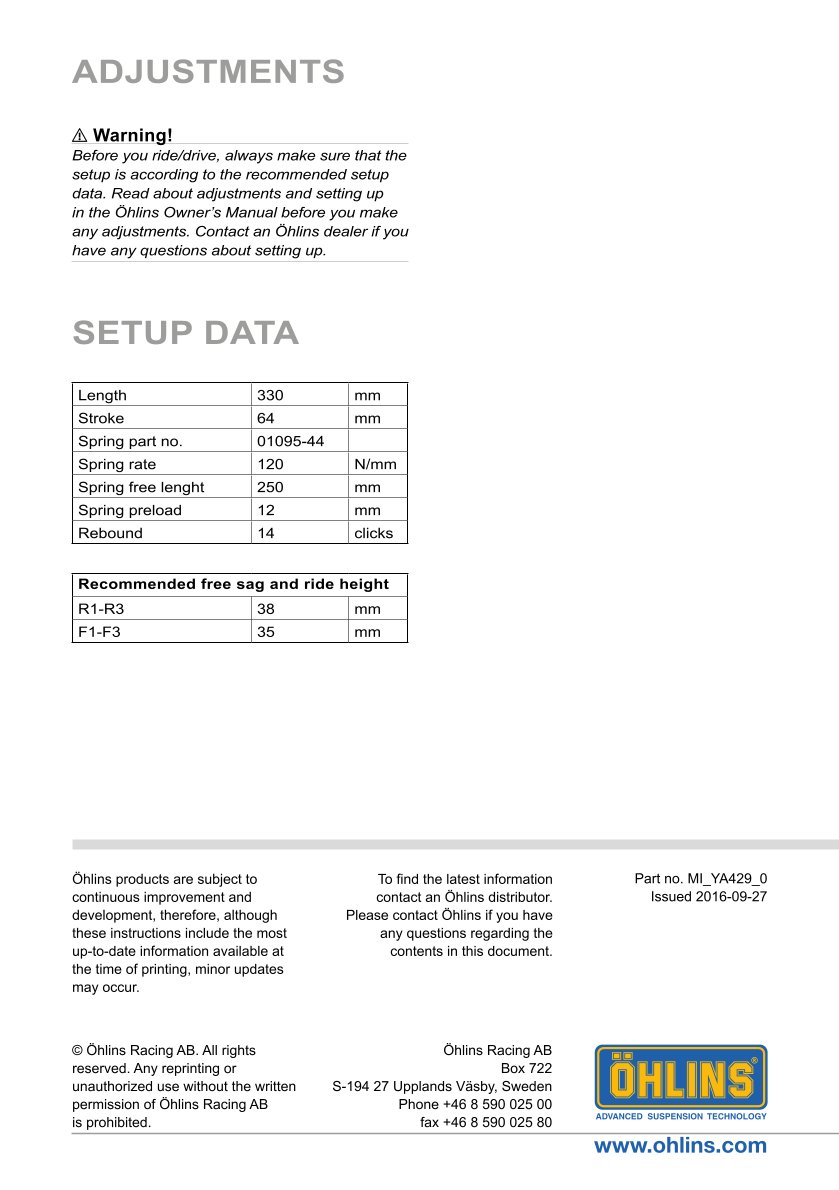 โช๊คหลังแต่ง Ohlins YA429 For Yamaha Tracer 700/Tracer 7 (FJ-07) ปี 2016-2024