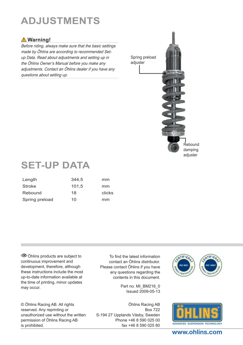 โช๊คหลังแต่ง Ohlins BM216 For BMW R 1150 GS Adventure ปี 2002-2005