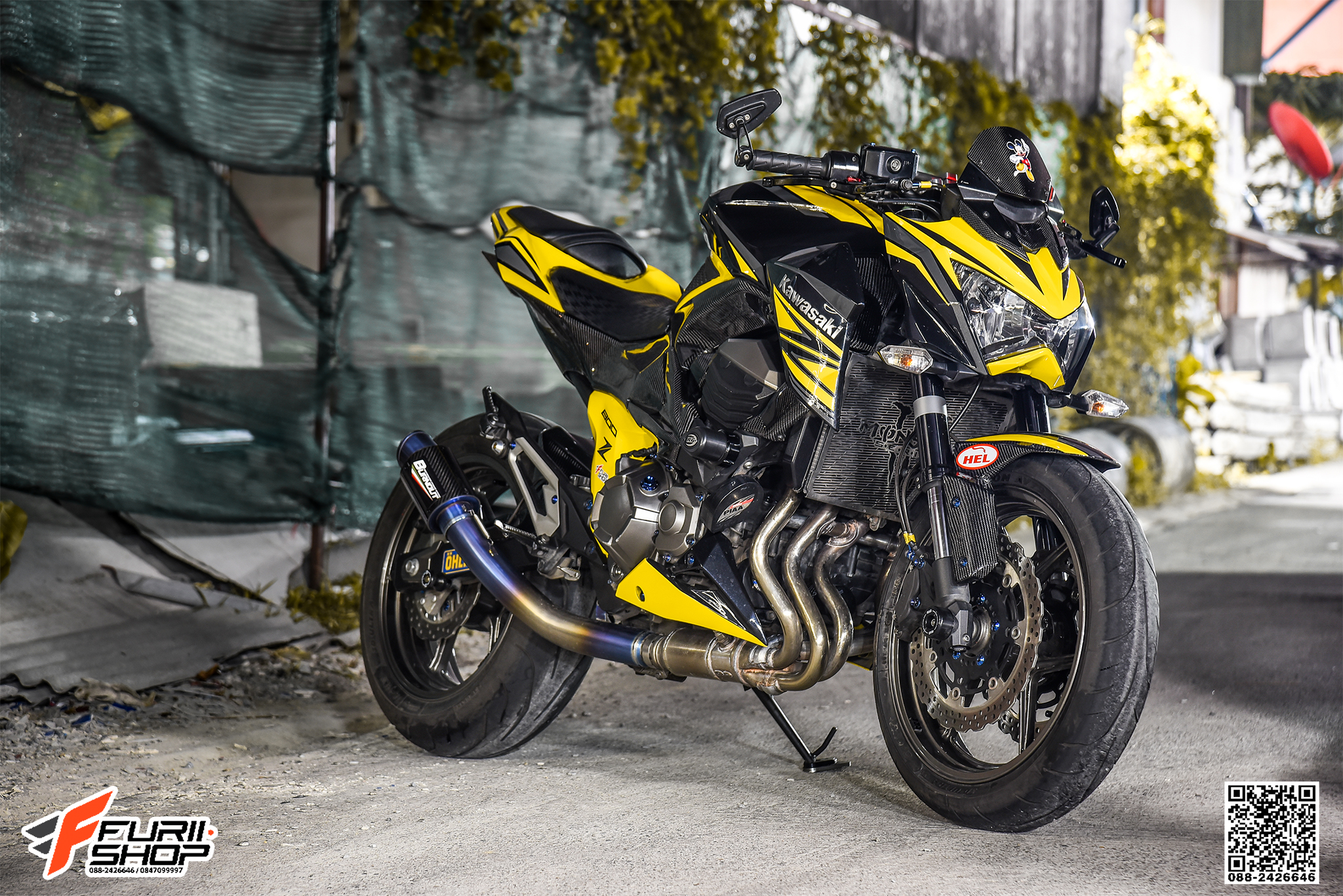 สายHEL KAWASAKI Z800 เดิน3ทาง หน้า-หลัง สายCARBON หัวเบนโจสีน้ำเงิน