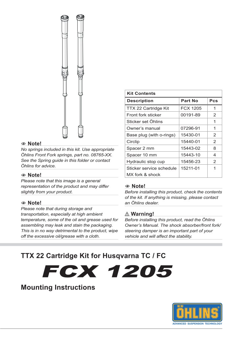 สปริงโช้คหน้า Ohlins FCX1205 For Husqvarna TC 250 2021-2024