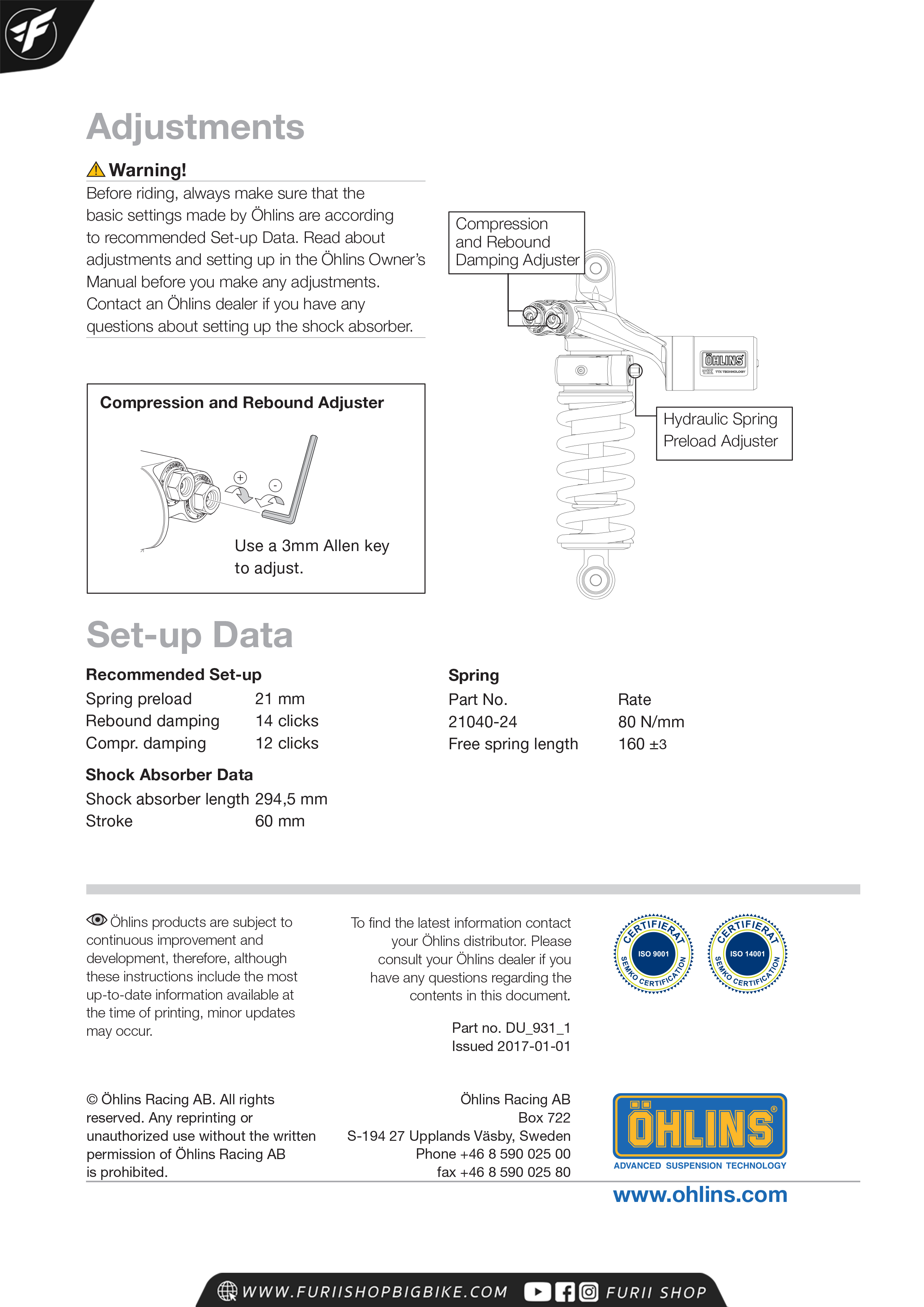 โช๊คหลัง OHLINS Sweden DU931 For Ducati 848/1098/1198