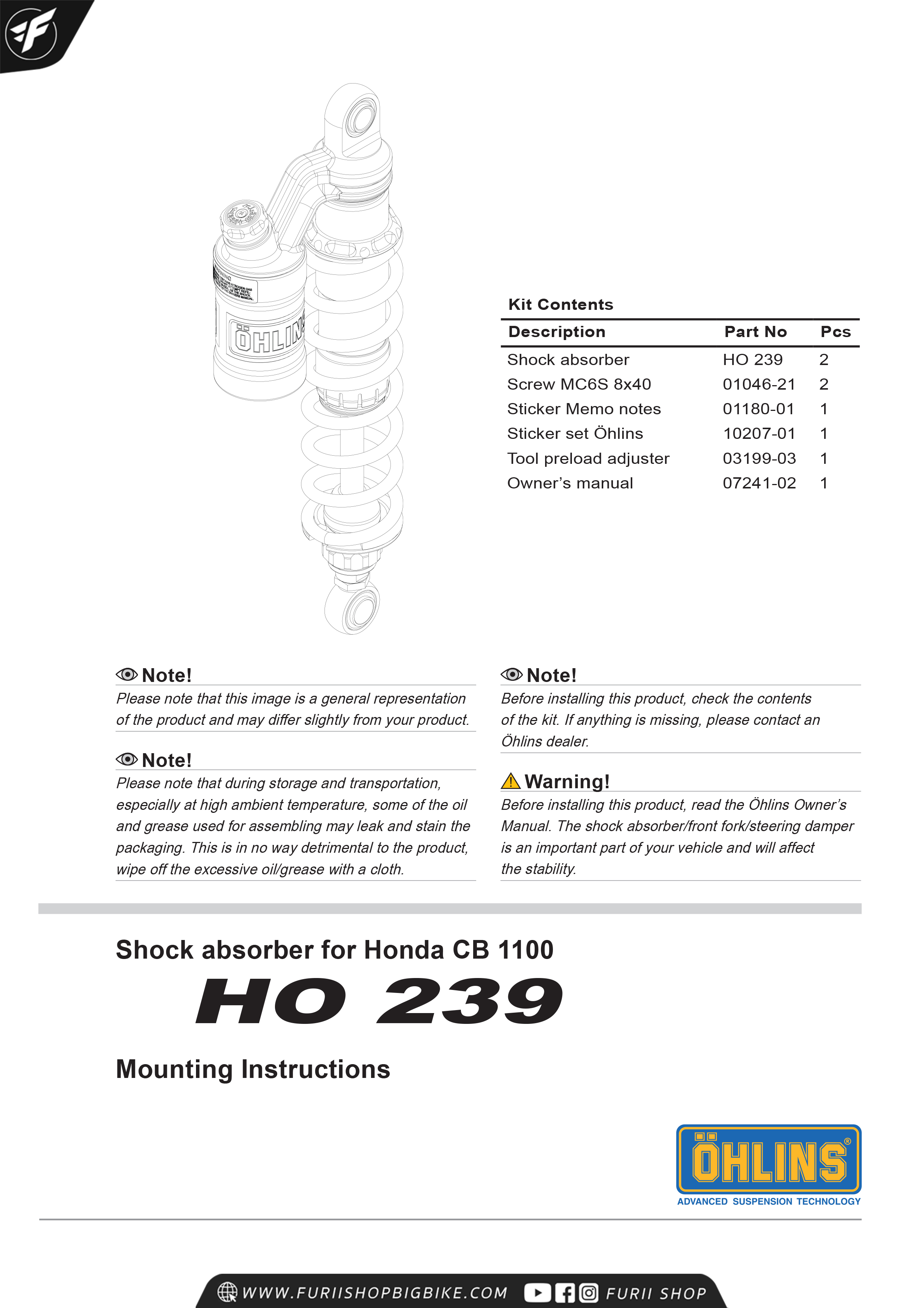 โช๊คหลัง OHLINS Sweden HO239 For Honda CB1100 2013-2016