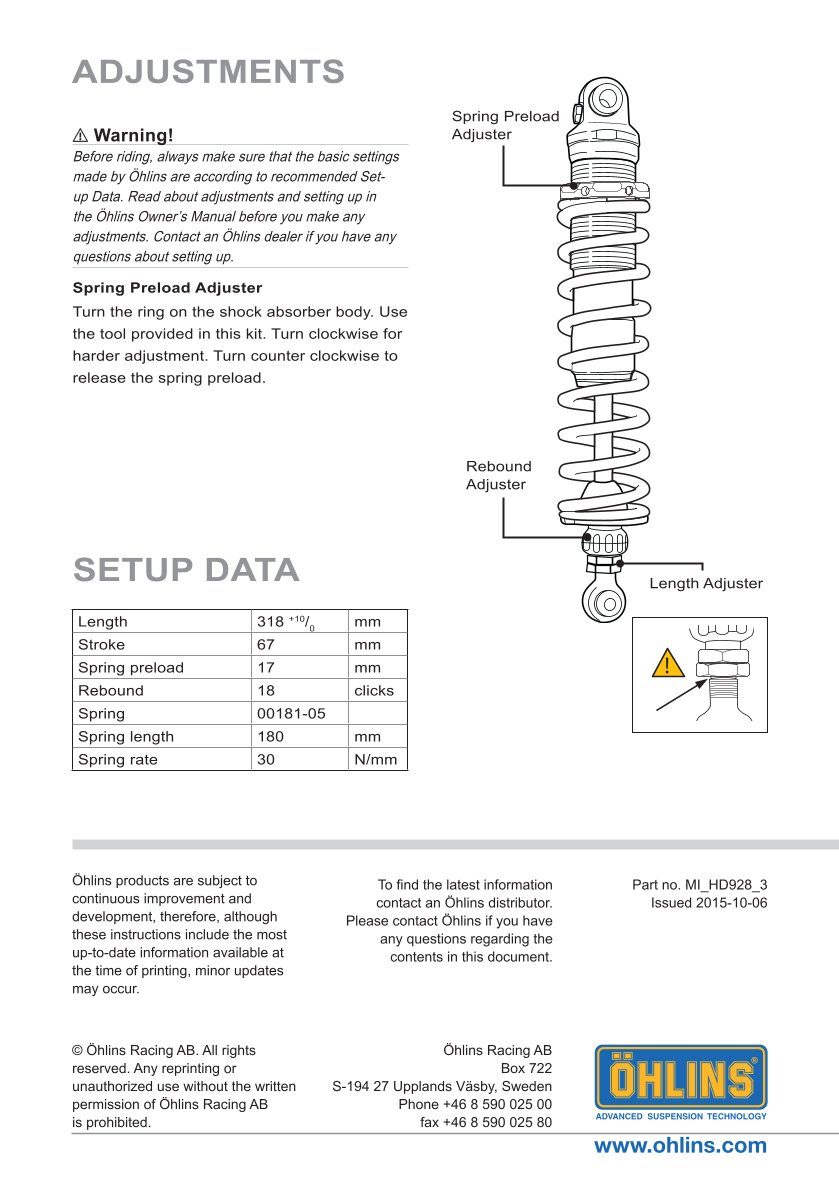โช๊คหลังแต่ง Ohlins HD928 For Harley-Davidson VRSC V-Rod ปี 2002-2017