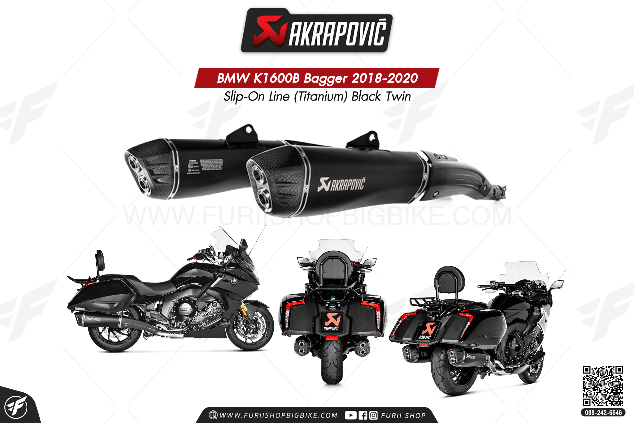 ท่อแต่ง Akrapovic Exhaust Slip-On Line (Titanium) Black Twin BMW K1600B Bagger 2018-2020