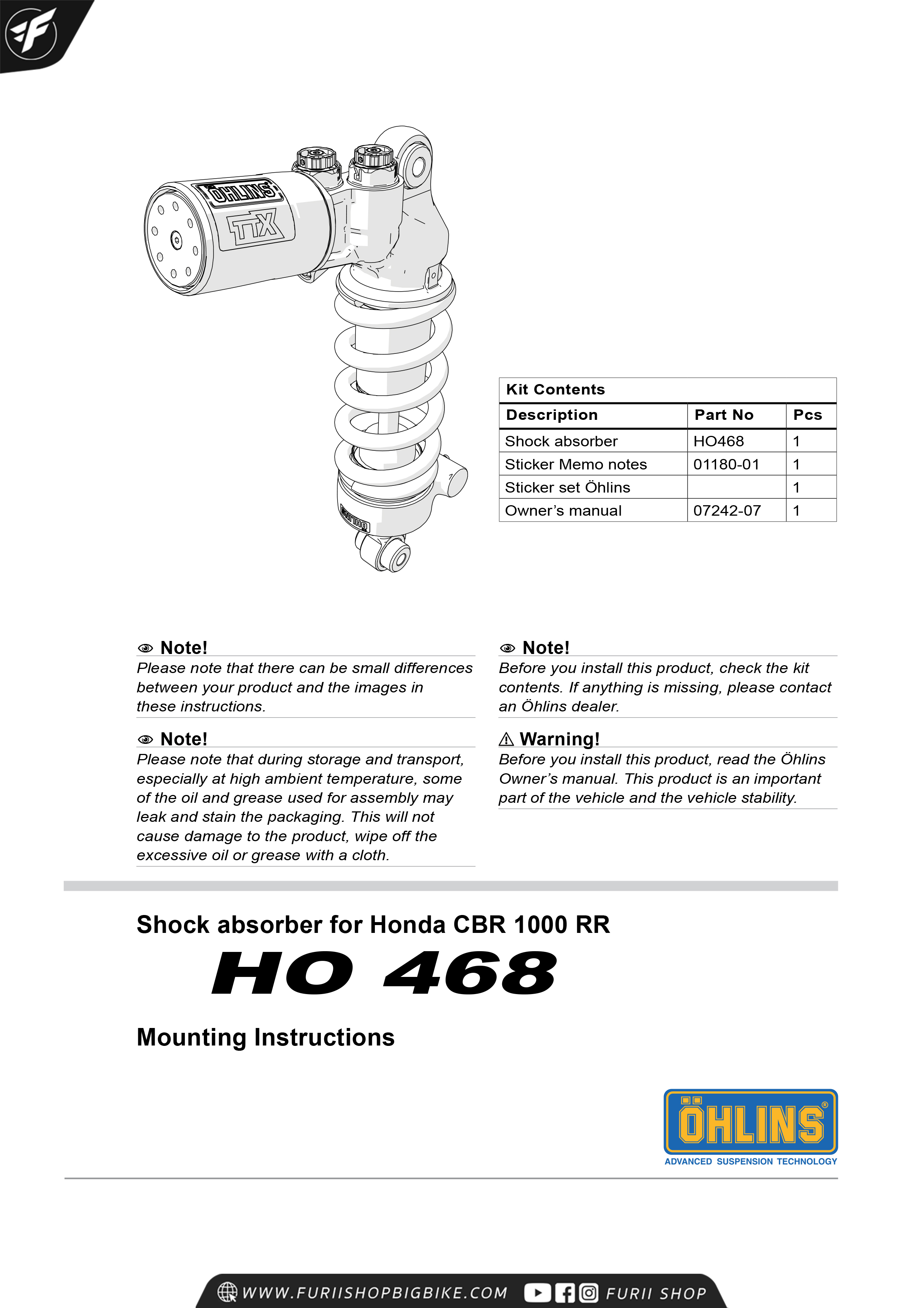 โช๊คหลัง OHLINS Sweden HO468 For Honda CBR1000RR SP SP2
