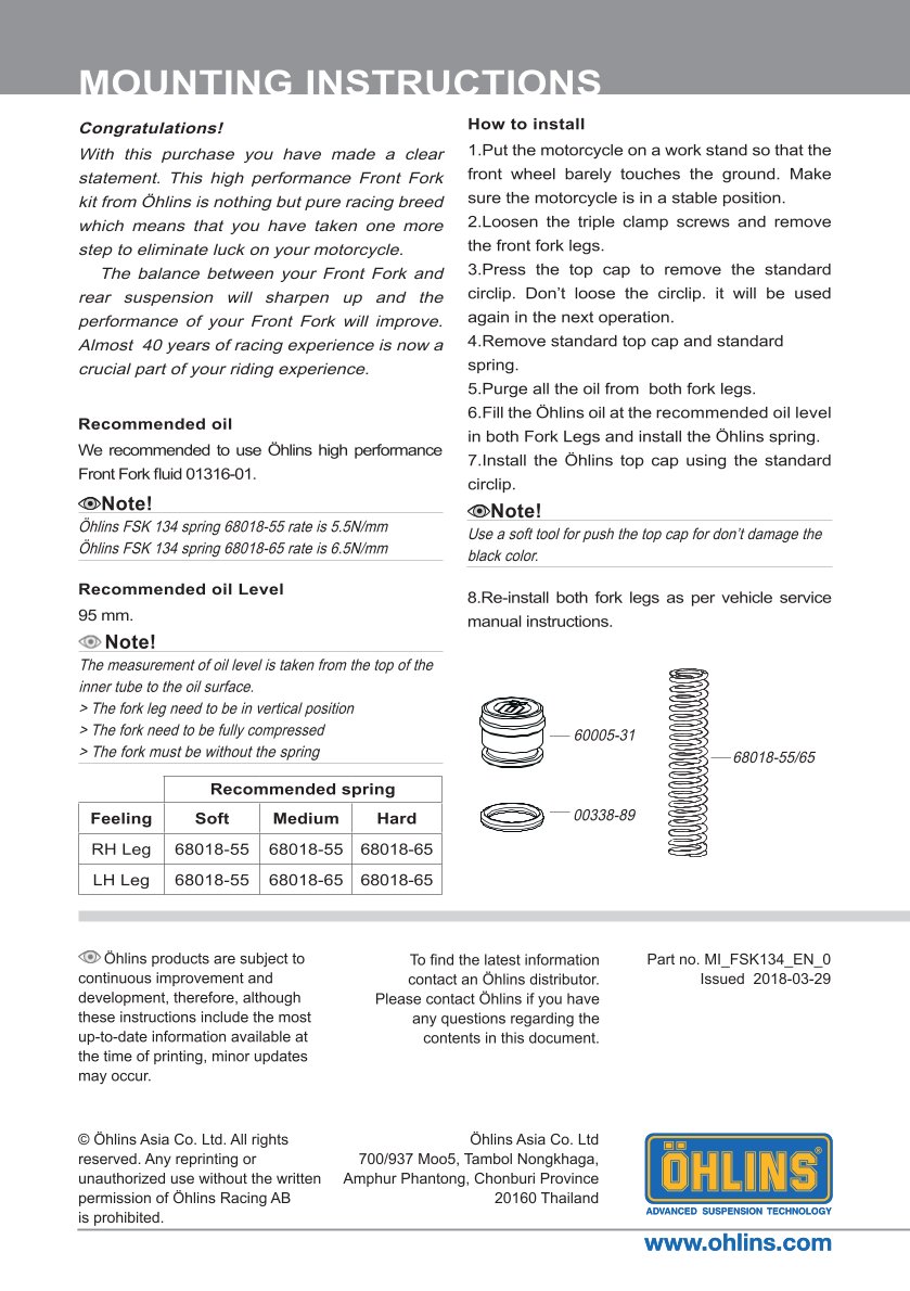 สปริงโช้คหน้า Ohlins FSK134 For Honda Click125i 2015-2020