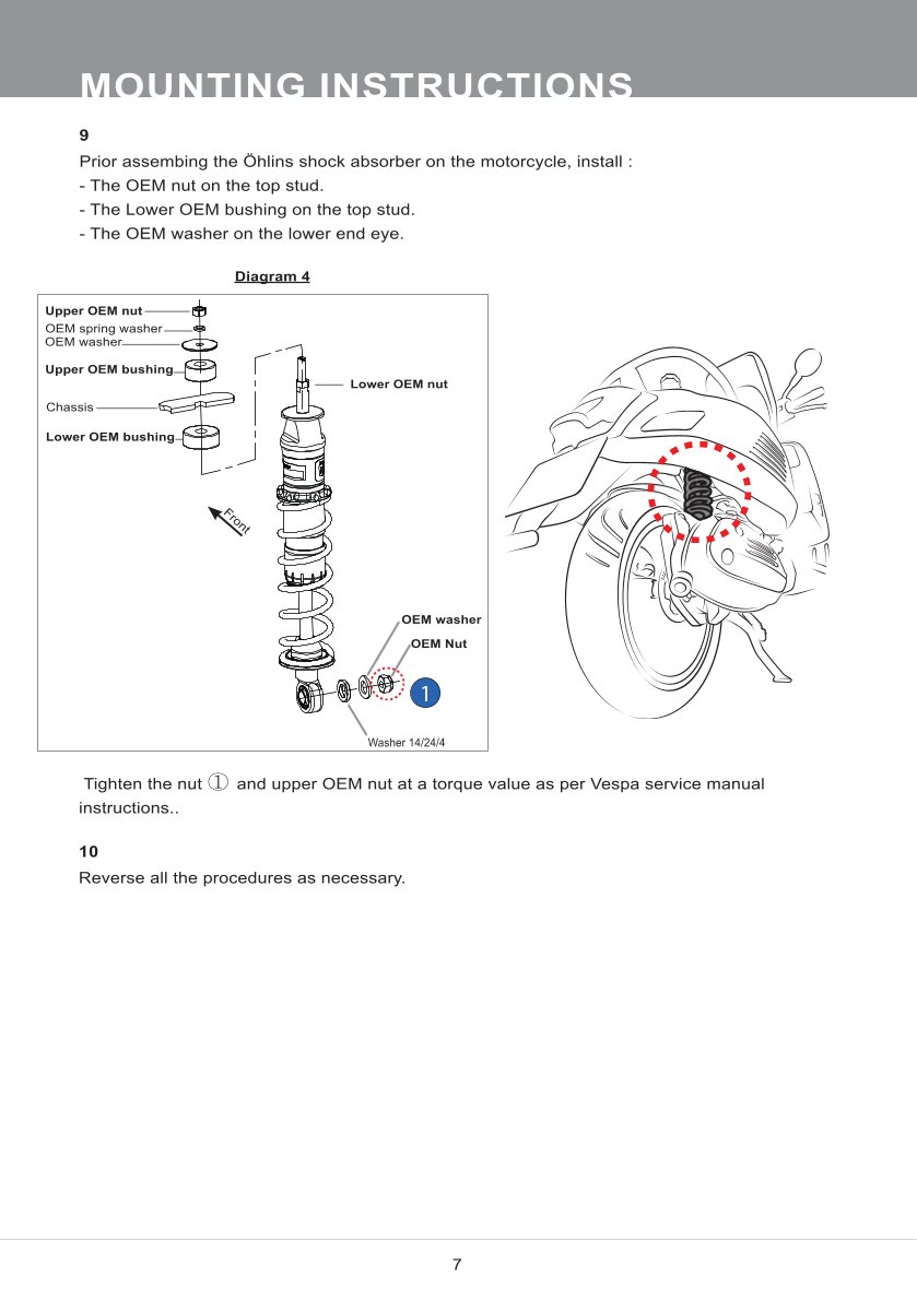 โช๊คหลังแต่ง Ohlins PI913 For Vespa GTS150/GTS300 ปี 2019-2023