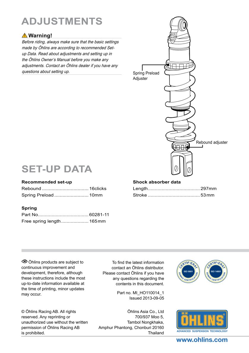 โช๊คหลัง โช๊คแต่ง โช๊คมอเอตร์ไซค์ OHLINS HO110014 FOR ฮอนด้า HONDA CBR300R ของแท้