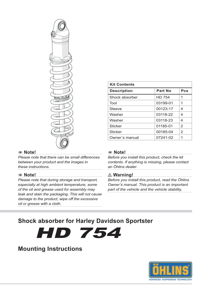 โช๊คหลังแต่ง Ohlins HD754 For Harley-Davidson XL Sportster ปี 2004-2022