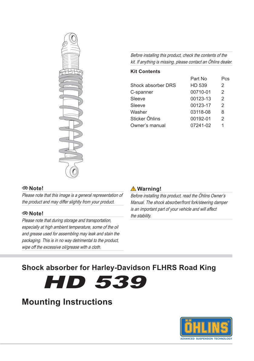 โช๊คหลังแต่ง Ohlins HD539 For Harley-Davidson FL Touring (Road King, Street Glide, Electra Glide etc) ปี 1988-2018