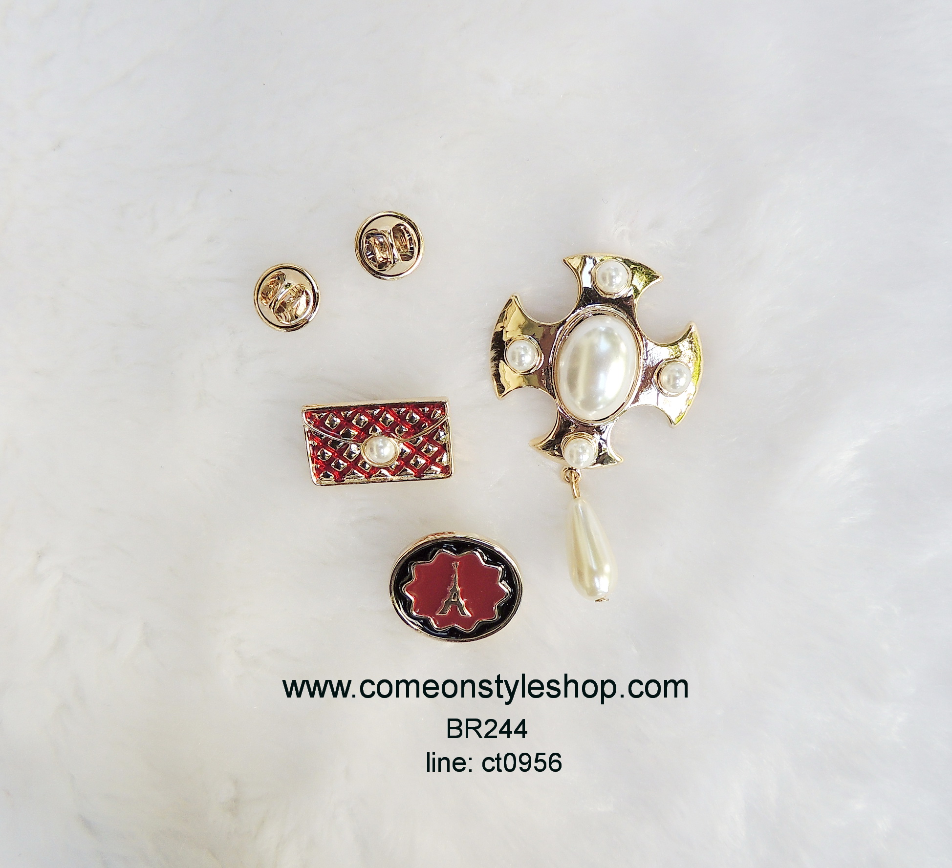 เซตเข็มกลัด เข็มกลัดเซต pin ชุด 3 ชิ้น รุ่นพรีเมี่ยม เคลือบสีไวน์แดงบนทอง pinกระเป๋า, pinทรงกลมภาพหอไอเฟล เข็มกลัดไข่มุกเคลือบทอง งานคุณภาพเกรด AAA 3 pieces brooch collection set made with premium quality BR244