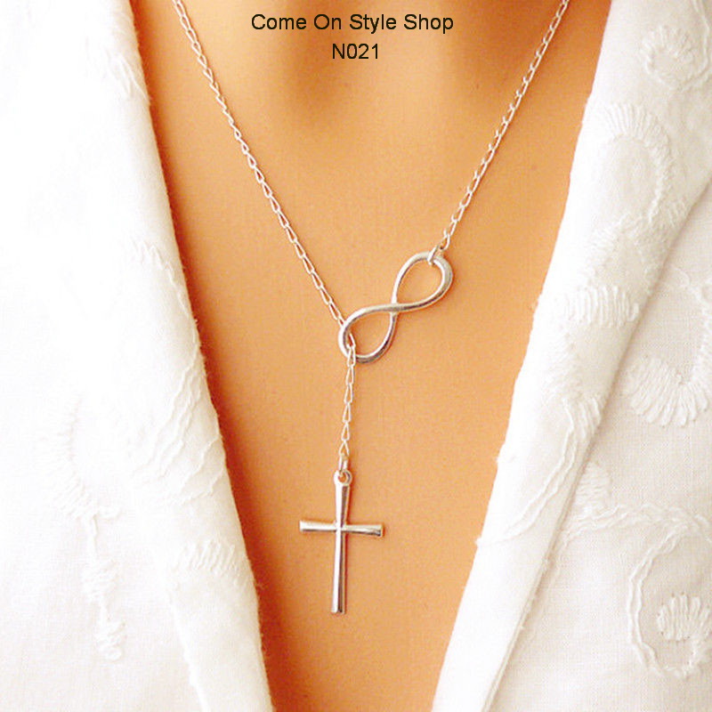 สร้อยคอไม้กางเขน คล้อง infinity สีเงิน อัลลอย Silver Cross Infinity Women Jewelry Necklace