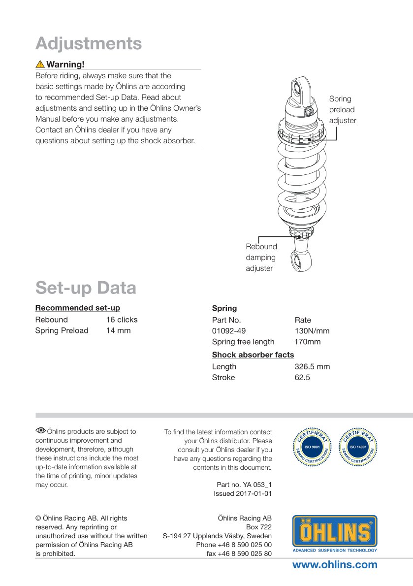 โช๊คหลังแต่ง Ohlins YA053 For Yamaha FJR 1300 ปี 2006-2012