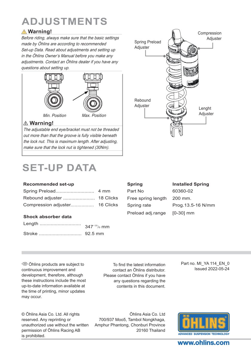 โช๊คหลังแต่ง Ohlins YA114 For Yamaha X-Max 250/300 (Race Version) ปี 2017-2023