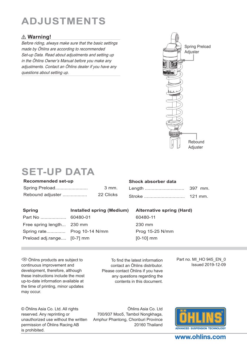 โช๊คหลังแต่ง Ohlins HO945 For Honda ADV 150 ปี 2019-2021