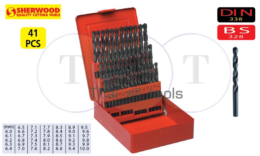 ชุดดอกสว่านเจาะเหล็ก (mm) SET OF 41 HSS DRILLS 6-10.0mm x 0.1mm SHERWOOD