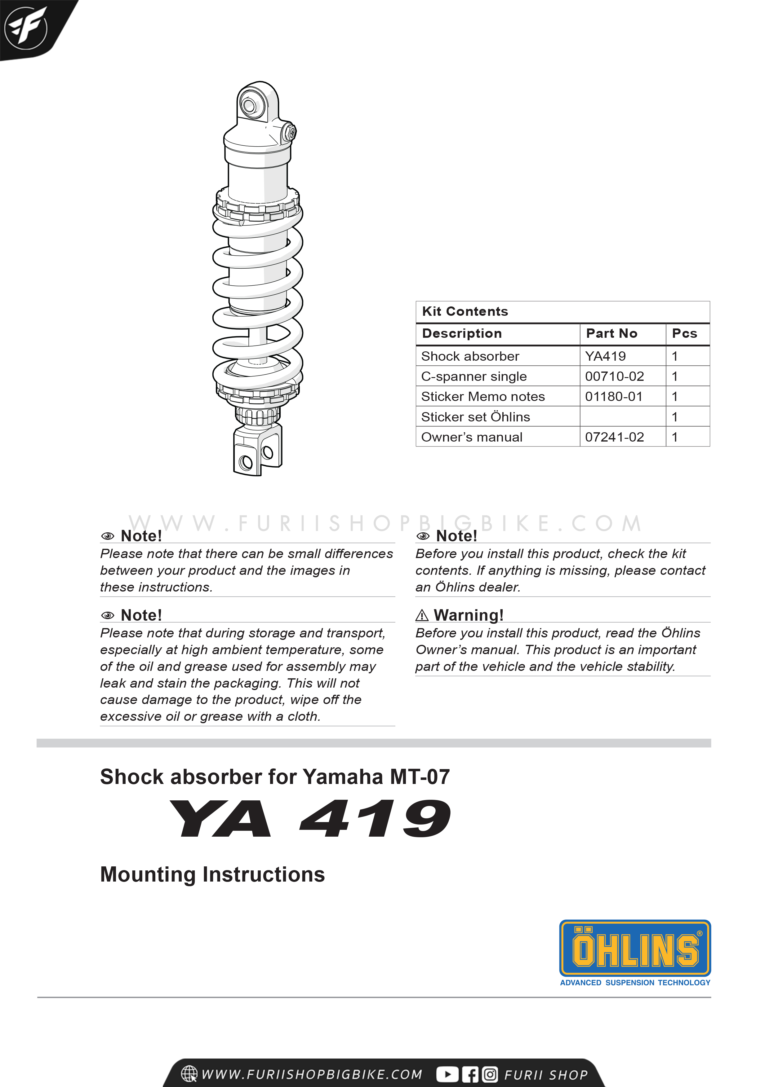 โช๊คหลัง OHLINS Sweden YA419 Yamaha MT-07, XSR700 2014-2017